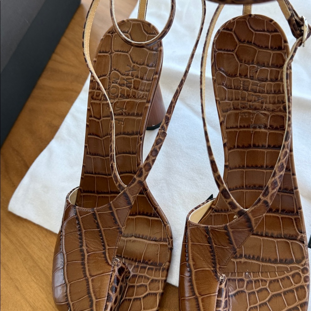 A.W.A.K.E. MODE Brown Croc-Embossed Ankle-Strap Block Heels - Picture 8 of 11